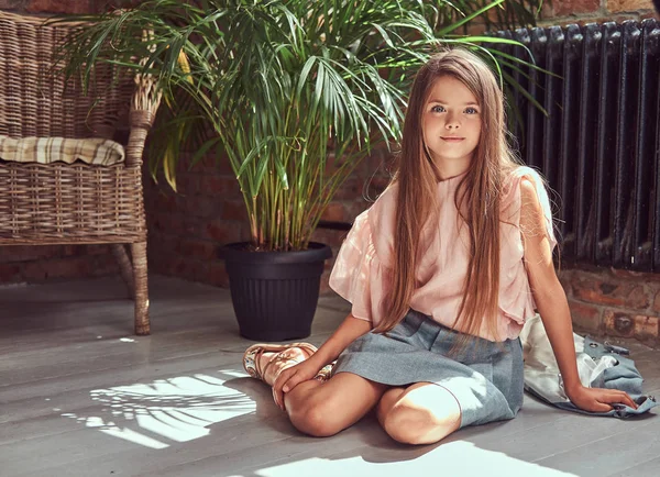 Cute Smiling Little Girl Long Brown Hair Wearing Stylish Dress — Stock Photo, Image