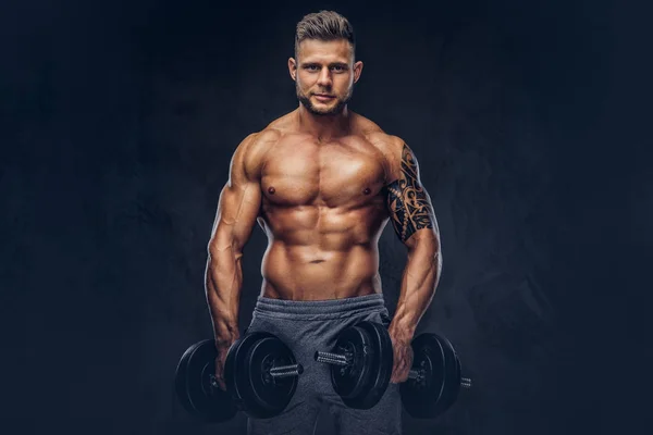 Kraftfulla Eleganta Bodybuilder Med Tatuering Armen Poserar Med Hantlar Studio — Stockfoto