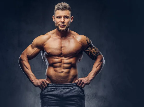 Handsome Shirtless Bodybuilder Stylish Haircut Beard Tattoo His Arm Posing — Stock Photo, Image