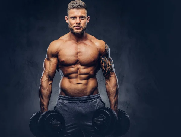 Dumbbells Ile Egzersizleri Yapıyor Güçlü Şık Vücut Geliştirmeci Kolundaki Dövme — Stok fotoğraf