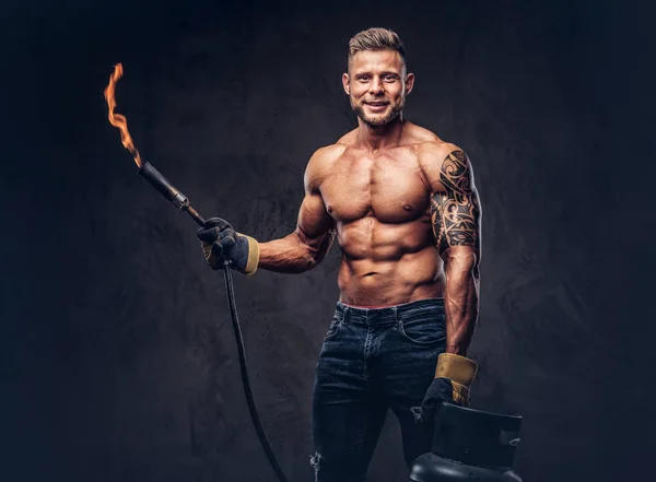 Brutal Tattooed Male Welder Stylish Haircut Beard Muscular Body Dressed — Stock Photo, Image