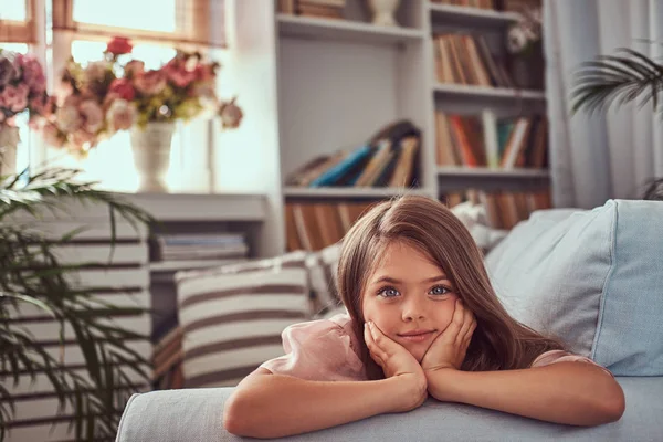 Ritratto Una Bambina Carina Con Lunghi Capelli Castani Sguardo Penetrante — Foto Stock