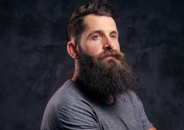 Karanlık bir arka plan üzerinde bir stüdyoda bir hipster tam sakal ve gri bir t-shirt giymiş şık saç kesimi ile yakın çekim portre standları.