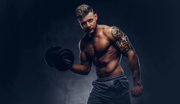Powerful Stylish Bodybuilder Tattoo His Arm Doing Exercises Biceps Dumbbell — Stock Photo, Image