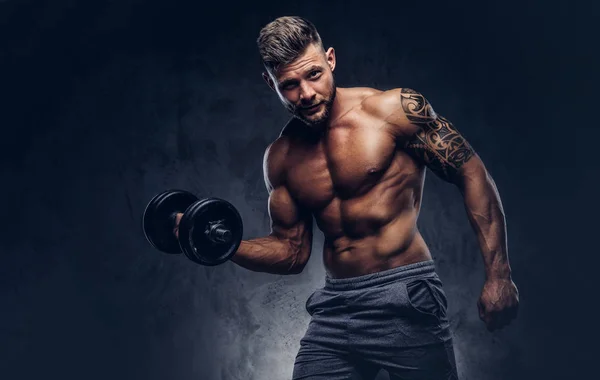 Powerful Stylish Bodybuilder Tattoo His Arm Doing Exercises Biceps Dumbbell — Stock Photo, Image
