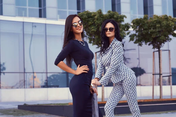 Portrait Two Businesswomen Dressed Stylish Formal Clothes Standing Steps Downtown — Stock Photo, Image