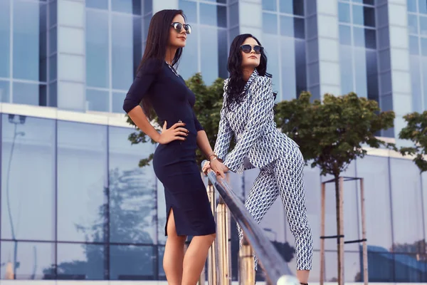 Portrait Two Businesswomen Dressed Stylish Formal Clothes Standing Steps Downtown — Stock Photo, Image