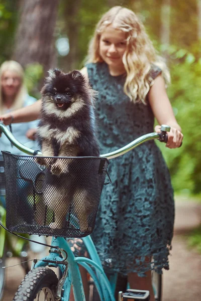 Porträt einer Mutter und einer Tochter mit blonden Haaren auf einer Fahrradtour mit ihrem niedlichen kleinen Spitzhund in einem Park. — Stockfoto