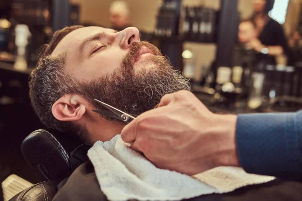 Peluquería Profesional Modelando Barba Con Tijeras Peine Barbería Foto Primer —  Fotos de Stock