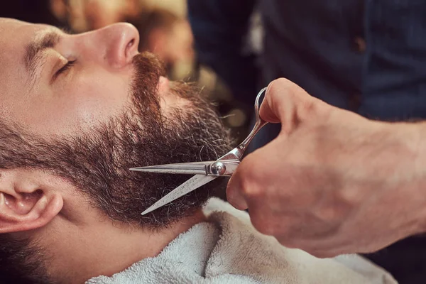 Peluquería Profesional Modelando Barba Con Tijeras Peine Barbería Foto Primer —  Fotos de Stock