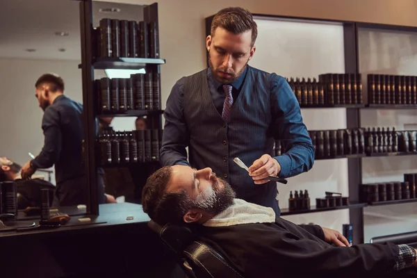 Handsome Hipster Bearded Male Sitting Armchair Barber Shop While Hairdresser — Stock Photo, Image