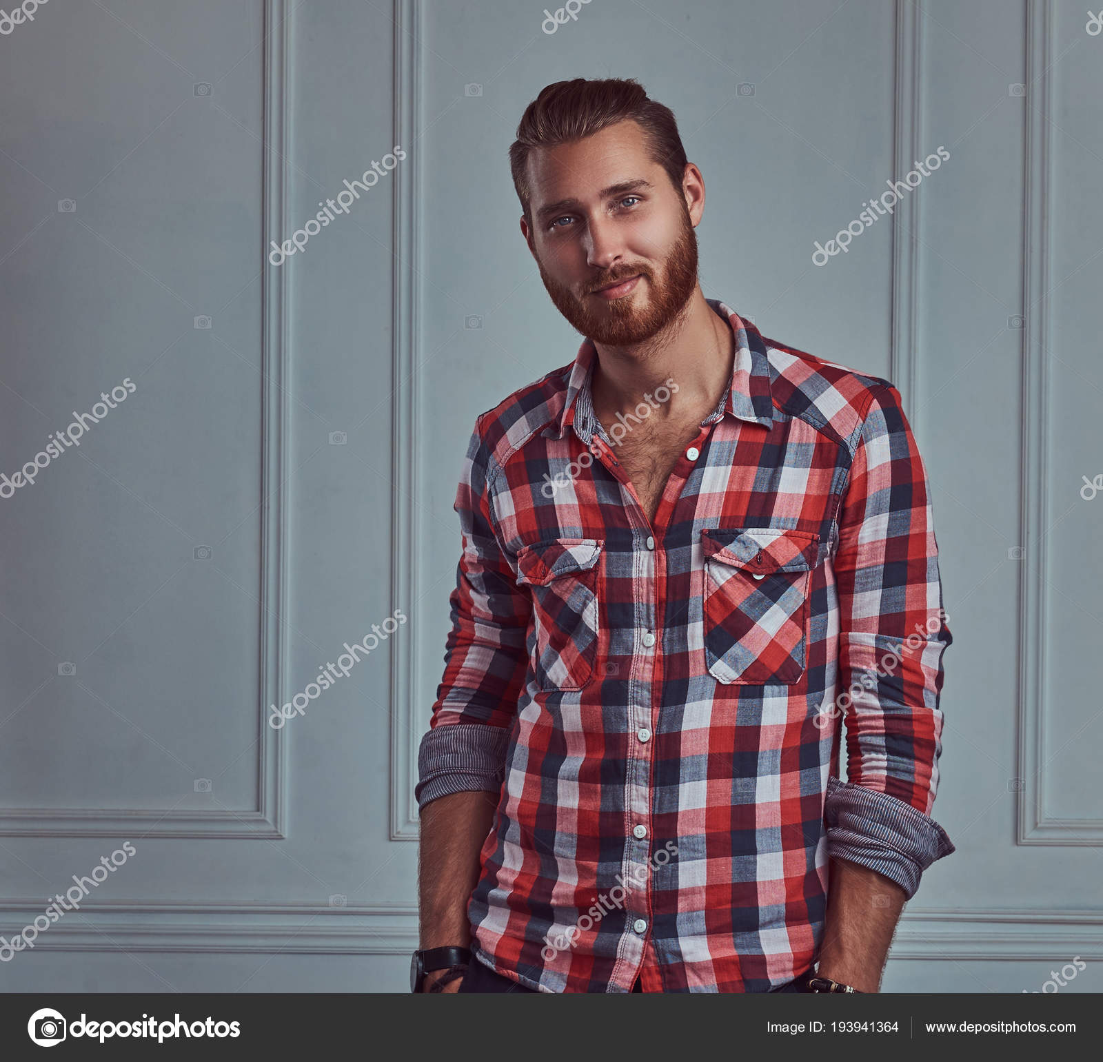 Handsome Stylish Redhead Man Flannel Shirt Posing Studio White Wall Stock  Photo by ©fxquadro 193941364