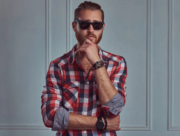 Handsome Stylish Redhead Man Flannel Shirt Sunglasses Posing Studio White — Stock Photo, Image