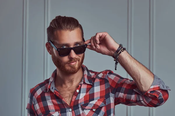 Handsome Stylish Redhead Man Flannel Shirt Sunglasses Posing Studio White — Stock Photo, Image