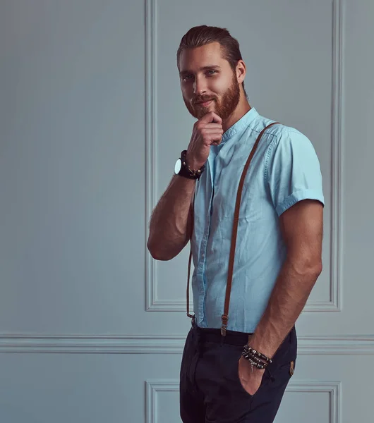 Handsome Young Retro Stylish Redhead Man Suspenders Posing White Wall — Stock Photo, Image
