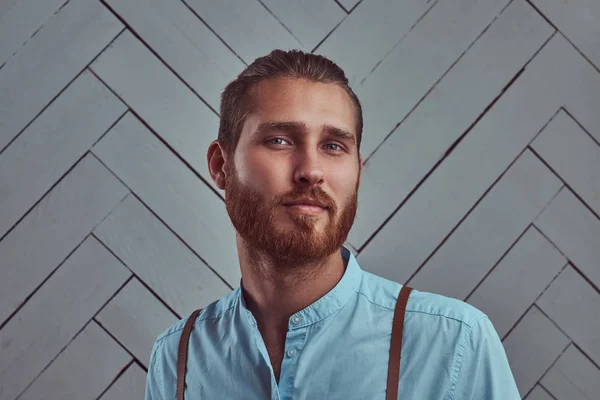 Handsome Young Retro Stylish Redhead Man Suspenders Posing White Wall — Stock Photo, Image