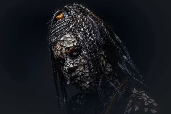 Portrait Scary African Shaman Female Petrified Cracked Skin Dreadlocks Dark — Stock Photo, Image