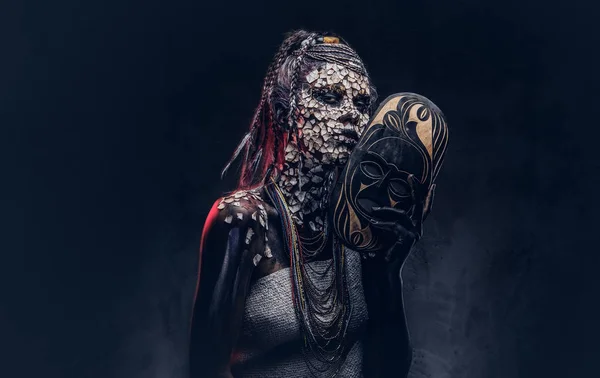 Portrait Scary African Shaman Female Petrified Cracked Skin Dreadlocks Holds — Stock Photo, Image
