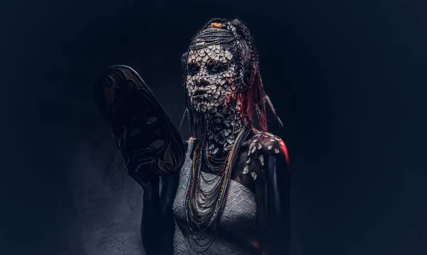 Portrait Scary African Shaman Female Petrified Cracked Skin Dreadlocks Holds — Stock Photo, Image