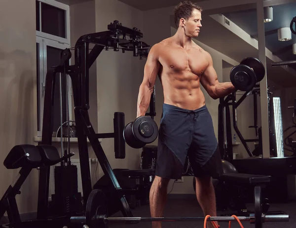Gespierde Bodybuilder Man Doen Oefeningen Een Biceps Met Halters Sportschool — Stockfoto