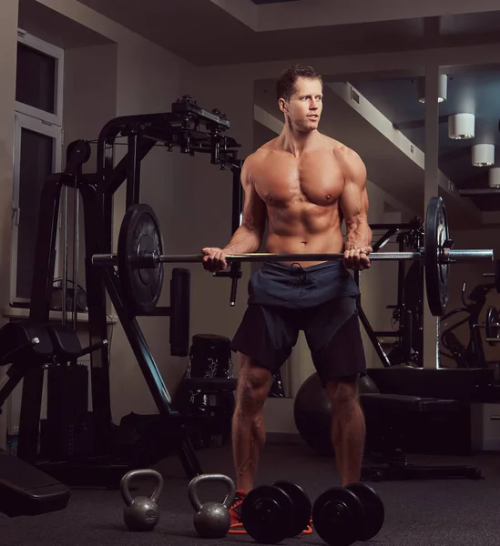 Gespierde Shirtless Bodybuilder Mannetje Een Barbell Heffen Een Biceps Sportschool — Stockfoto