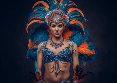 Renkli görkemli karnaval tüy seksi bir kadın portresi stüdyo uygun. Karanlık bir arka plan üzerinde izole.