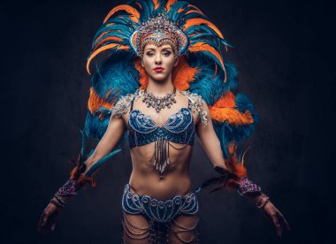 Renkli görkemli karnaval tüy seksi bir kadın portresi stüdyo uygun. Karanlık bir arka plan üzerinde izole.