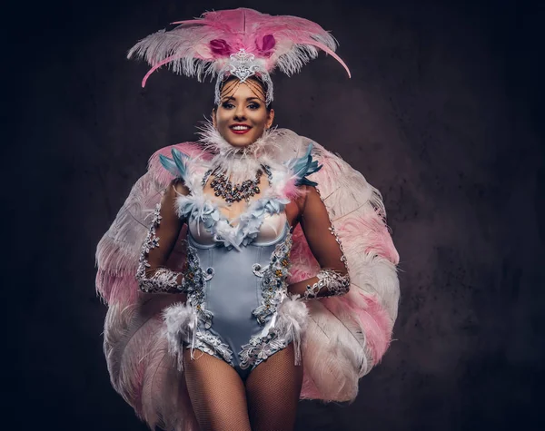 Menina bonita em um suntuoso terno de penas de carnaval . — Fotografia de Stock