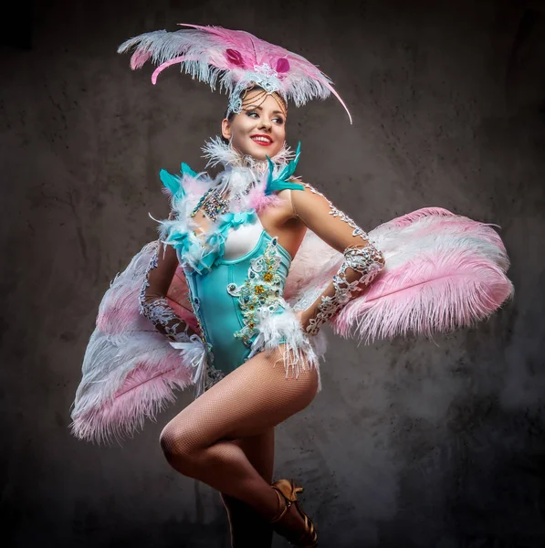Beautiful girl in a sumptuous carnival feather suit. — Stock Photo, Image