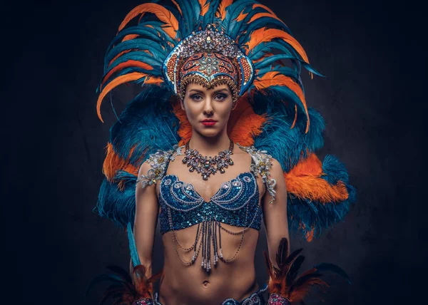 Vyhovovat studiový portrét sexy ženy v peří barevné přepychové karneval. Na tmavém pozadí, samostatný. — Stock fotografie