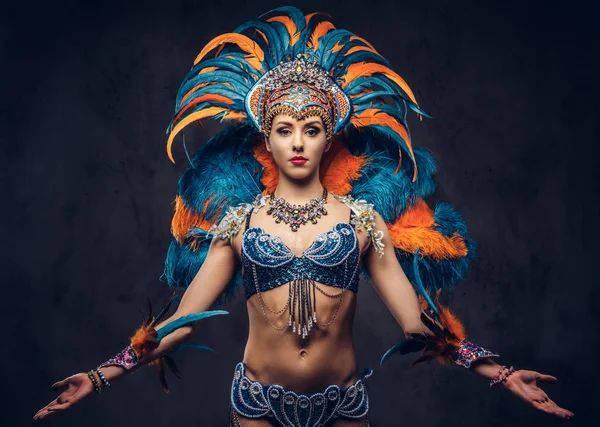 Studio portrait of a sexy female in a colorful sumptuous carnival feather suit. Isolated on a dark background. — Stock Photo, Image