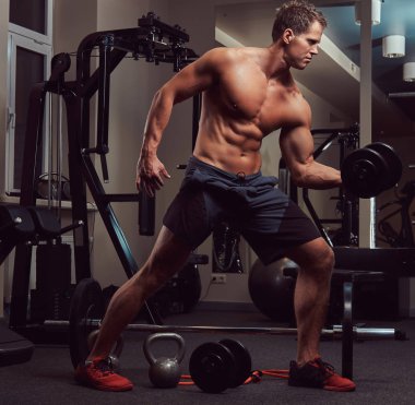 Kaslı vücut geliştirmeci adam dumbbells bir spor salonu ile bir pazı egzersizleri yapıyor.
