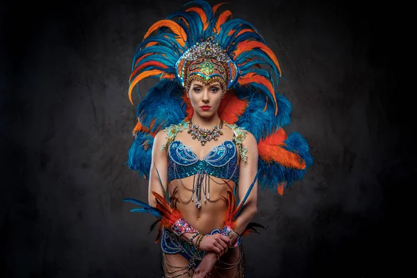 Studio portrait of a sexy female in a colorful sumptuous carnival feather suit. Isolated on a dark background. — Stock Photo, Image