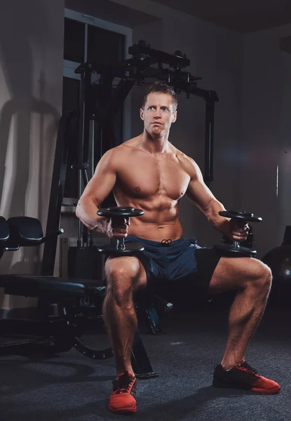 Atleta sem camisa muscular fazendo exercício com halteres enquanto se senta em um banco no ginásio . — Fotografia de Stock