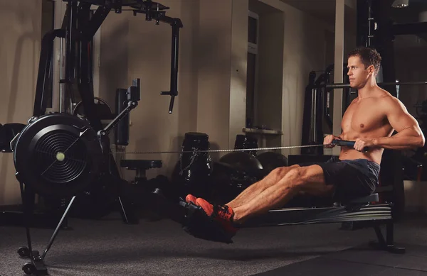 Bonito muscular fitness masculino fazendo exercício na máquina de remo . — Fotografia de Stock