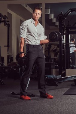 Resmi kıyafetler spor salonunda dumbbells ile egzersiz yaparak yakışıklı kaslı işadamı.