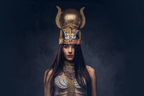 Portrait Haughty Egyptian Queen Ancient Pharaoh Costume Isolated Dark Background — Stock Photo, Image