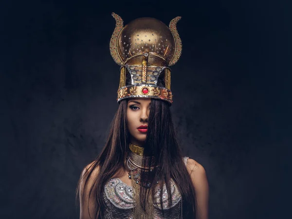 Portrait Haughty Egyptian Queen Ancient Pharaoh Costume Isolated Dark Background — Stock Photo, Image