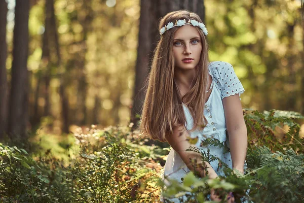 Uma mulher bonita em um vestido branco e grinalda branca na cabeça posando em uma floresta de outono verde . — Fotografia de Stock