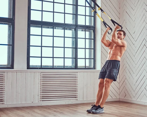 Shirtless svalnatý muž dělá cvičení s Trx. — Stock fotografie