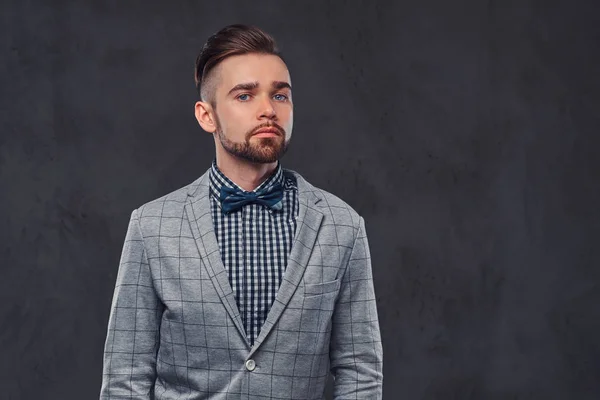 自信时尚胡子男子与发型优雅复古灰色西装和弓领带, 摆在演播室. — 图库照片