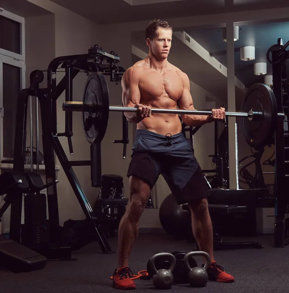 Muscular sem camisa fisiculturista masculino levantando um sino em um bíceps em um ginásio . — Fotografia de Stock