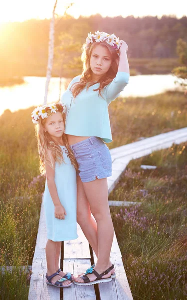 Two beautiful sisters standing against the background of a beautiful landscape, walk on the field near a pond at sunset. — Stock Photo, Image