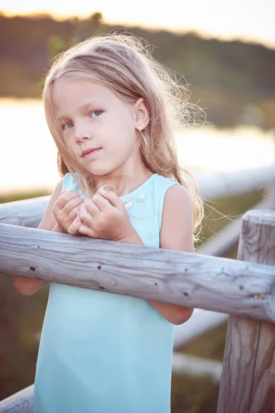 Porträtt av en söt liten flicka, stående utomhus medan lutad mot ett staket i trä. — Stockfoto