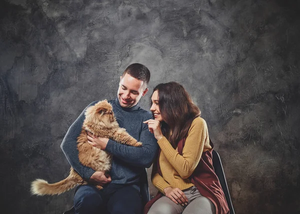 Retrato de pareja con gato pelirrojo grande — Foto de Stock