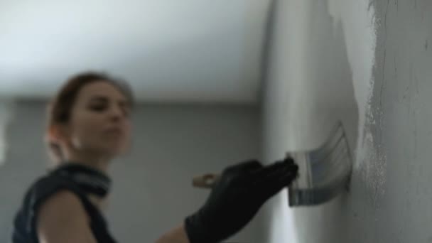 Mujer está pintando de pared a color gris — Vídeo de stock