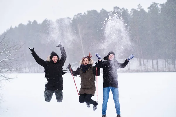 Groep backpackers die plezier hebben tijdens een wandeling in het winterbos — Stockfoto