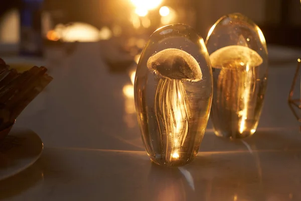 Stílusos medúza beleértve dekoráció álló asztalon megvilágított napfény egy hangulatos kávézóban — Stock Fotó