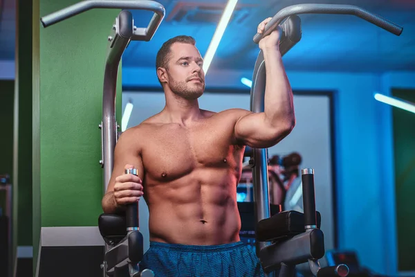 Strong bodybuilder standing on a parallel bars in a modern fitness center looking relaxed — Zdjęcie stockowe