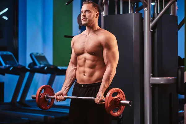 Athletic man with muscular body doing excersises with barbell in a gym — Stock fotografie